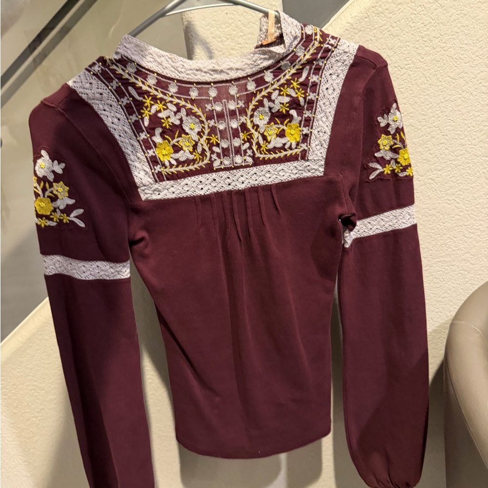 Free People Burgundy Floral Embroidered Blouse